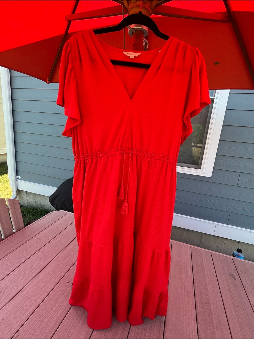 Max Studio Bright Red V-Neck Tiered Midi Dress with Tassel Tie